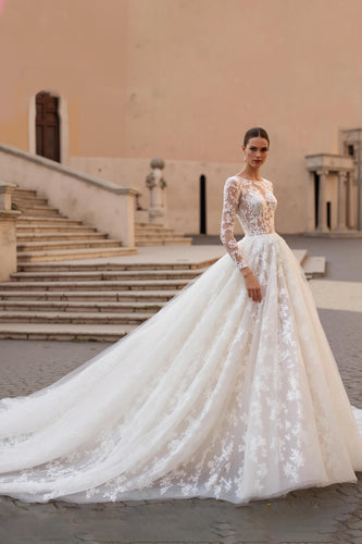 Ivory Ball Gown Lace Sweep Train Wedding Dress with Sleeves