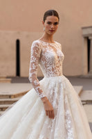 Load image into Gallery viewer, Ivory Ball Gown Lace Sweep Train Wedding Dress with Sleeves