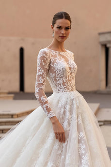 Ivory Ball Gown Lace Sweep Train Wedding Dress with Sleeves