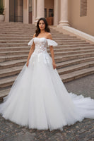 Load image into Gallery viewer, Off the Shoulder Ruffled Ivory Sweep Train Wedding Dress with Lace