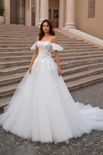 Off the Shoulder Ruffled Ivory Sweep Train Wedding Dress with Lace