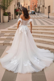 Off the Shoulder Ruffled Ivory Sweep Train Wedding Dress with Lace