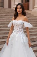 Load image into Gallery viewer, Off the Shoulder Ruffled Ivory Sweep Train Wedding Dress with Lace
