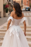 Load image into Gallery viewer, Off the Shoulder Ruffled Ivory Sweep Train Wedding Dress with Lace