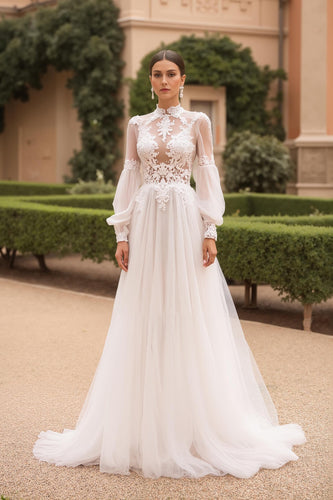 Long Sleeves High Neck Ivory Sweep Train Vintage Wedding Dress with Lace