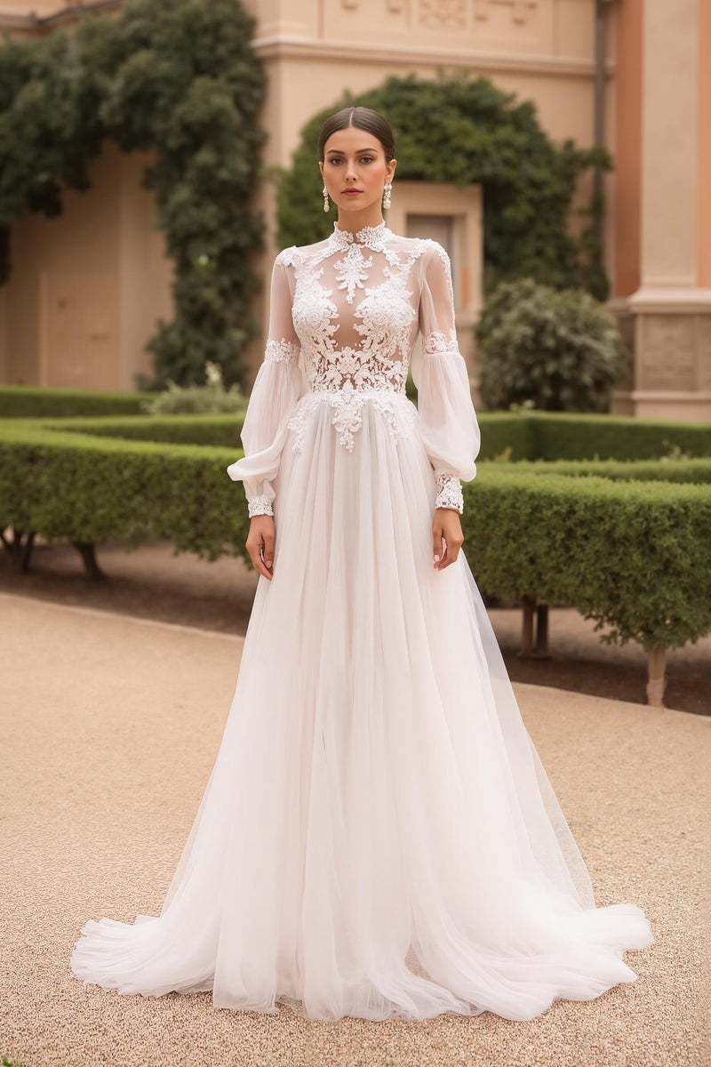 Load image into Gallery viewer, Long Sleeves High Neck Ivory Sweep Train Vintage Wedding Dress with Lace