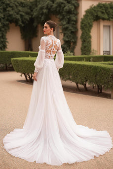 Long Sleeves High Neck Ivory Sweep Train Vintage Wedding Dress with Lace
