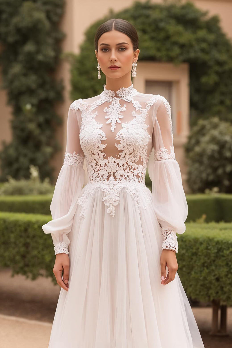 Load image into Gallery viewer, Long Sleeves High Neck Ivory Sweep Train Vintage Wedding Dress with Lace