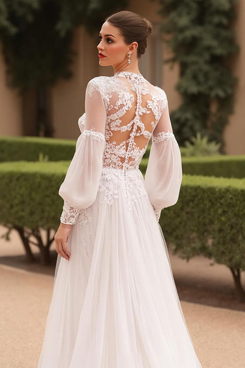 Load image into Gallery viewer, Long Sleeves High Neck Ivory Sweep Train Vintage Wedding Dress with Lace