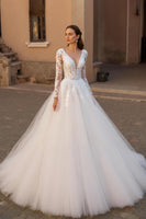 Load image into Gallery viewer, V-Neck Backless Long Sleeves Ivory Wedding Dress with Lace