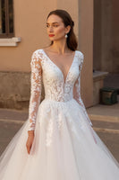 Load image into Gallery viewer, V-Neck Backless Long Sleeves Ivory Wedding Dress with Lace