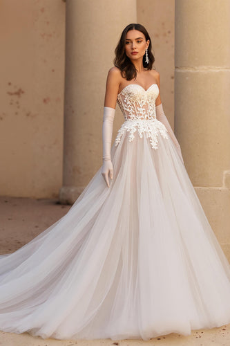 Sweetheart Ivory Sweep Train A Line Wedding Dress with Lace