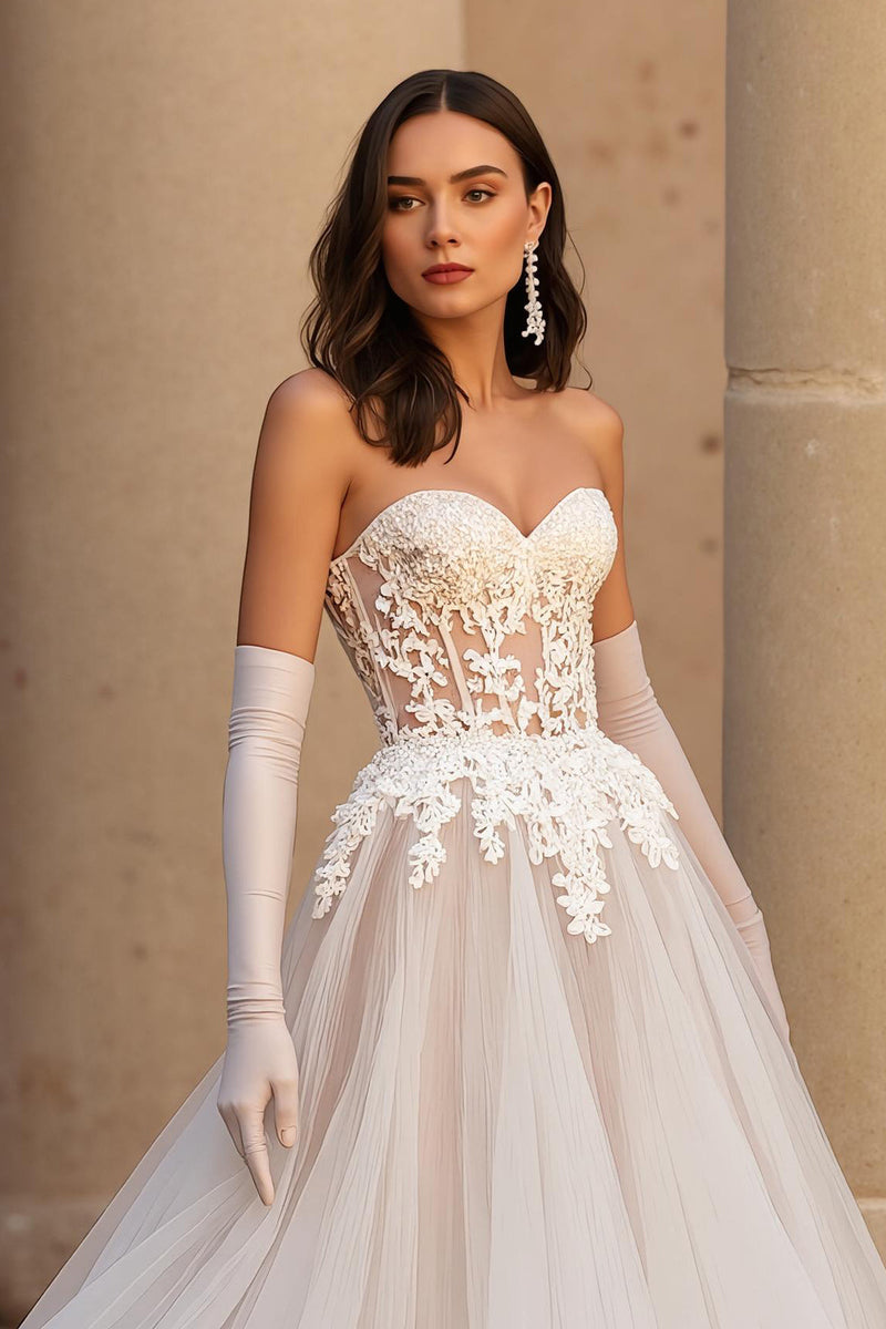 Load image into Gallery viewer, Sweetheart Ivory Sweep Train A Line Wedding Dress with Lace