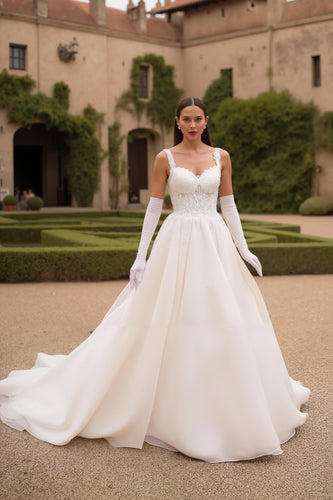 A Line Ivory Sweep Thick Straps Train Wedding Dress with Lace