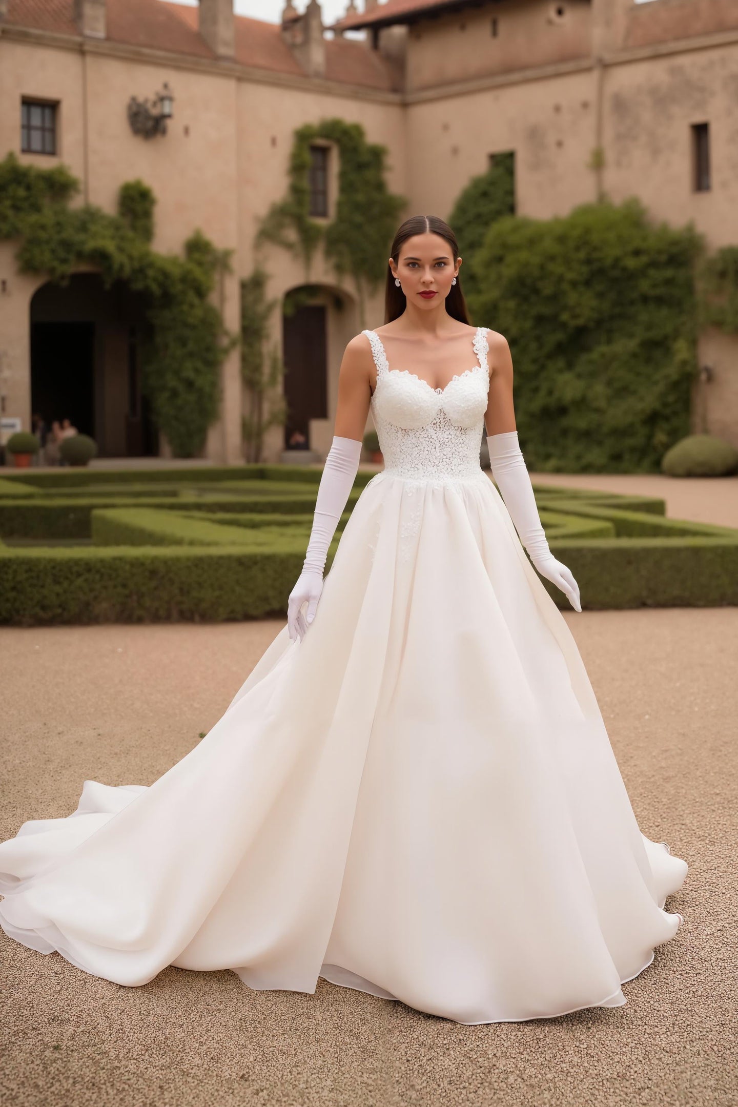 A Line Ivory Sweep Thick Straps Train Wedding Dress with Lace
