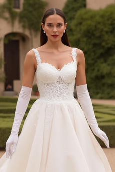 A Line Ivory Sweep Thick Straps Train Wedding Dress with Lace