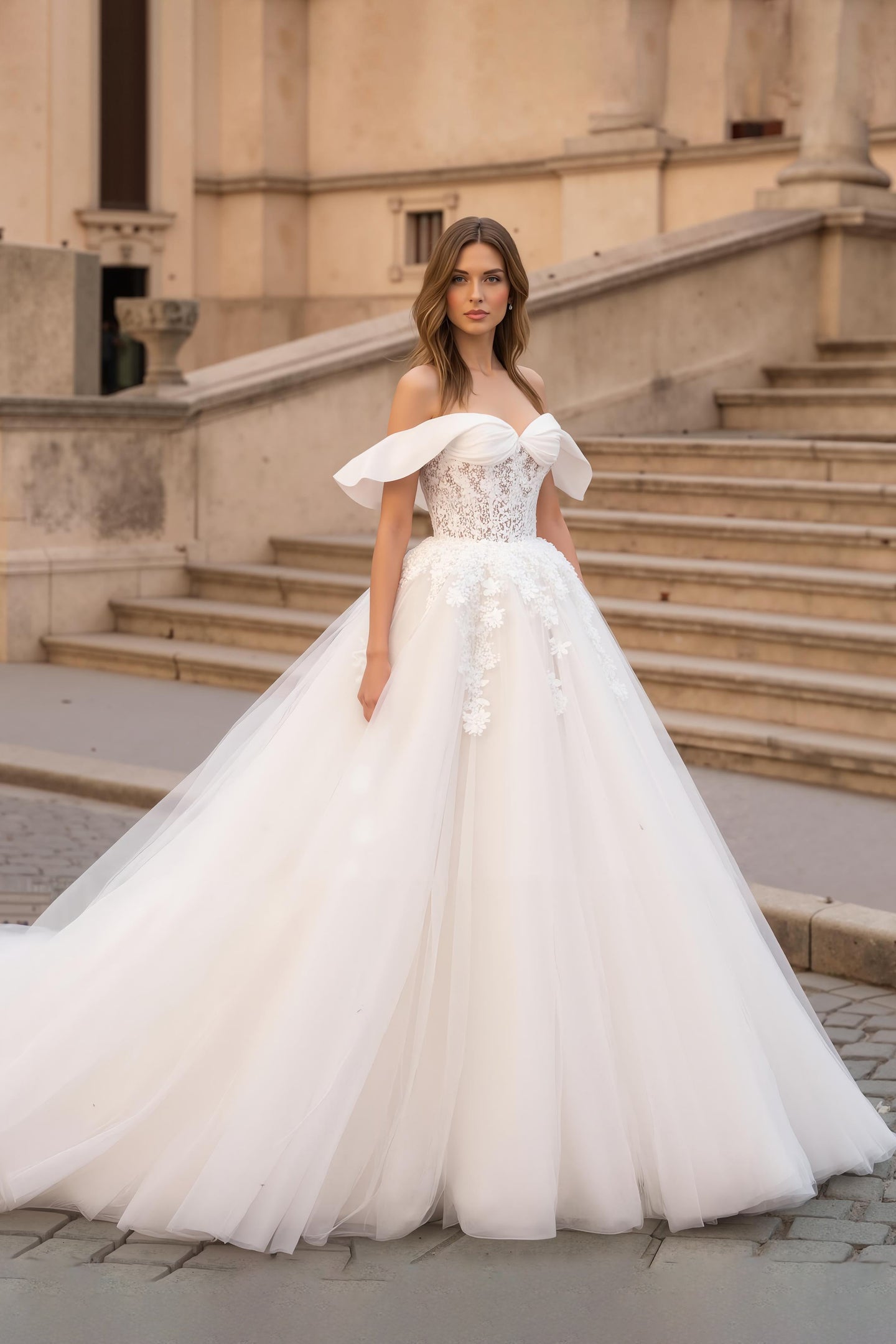 Ruched Ivory A Line Ruffled Sweep Train Wedding Dress with Lace