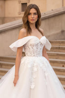 Load image into Gallery viewer, Ruched Ivory A Line Ruffled Sweep Train Wedding Dress with Lace