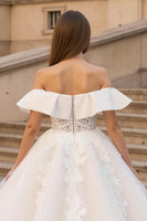 Load image into Gallery viewer, Ruched Ivory A Line Ruffled Sweep Train Wedding Dress with Lace