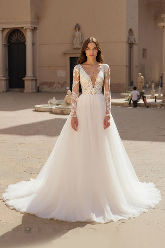 Deep V-Neck Ivory Chiffon Long Sleeves Wedding Dress with Lace