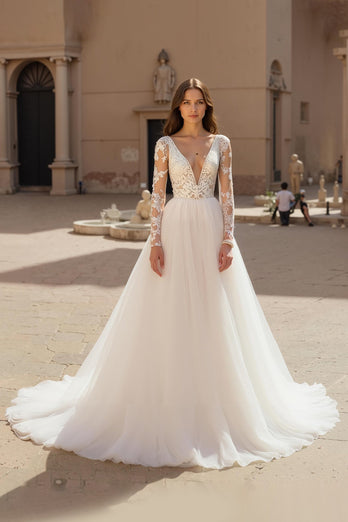 Deep V-Neck Ivory Chiffon Long Sleeves Wedding Dress with Lace