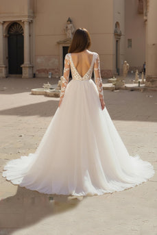 Deep V-Neck Ivory Chiffon Long Sleeves Wedding Dress with Lace