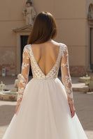 Load image into Gallery viewer, Deep V-Neck Ivory Chiffon Long Sleeves Wedding Dress with Lace