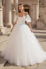 Load image into Gallery viewer, Ivory Puff Sleeves Cold Shoulder Sweep Train Wedding Dress with Lace
