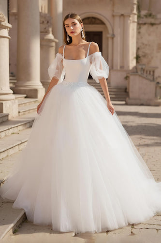 Ivory Puff Sleeves Cold Shoulder Sweep Train Wedding Dress with Lace