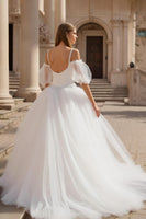 Load image into Gallery viewer, Ivory Puff Sleeves Cold Shoulder Sweep Train Wedding Dress with Lace