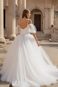 Ivory Puff Sleeves Cold Shoulder Sweep Train Wedding Dress with Lace
