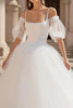 Load image into Gallery viewer, Ivory Puff Sleeves Cold Shoulder Sweep Train Wedding Dress with Lace