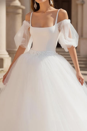 Ivory Puff Sleeves Cold Shoulder Sweep Train Wedding Dress with Lace