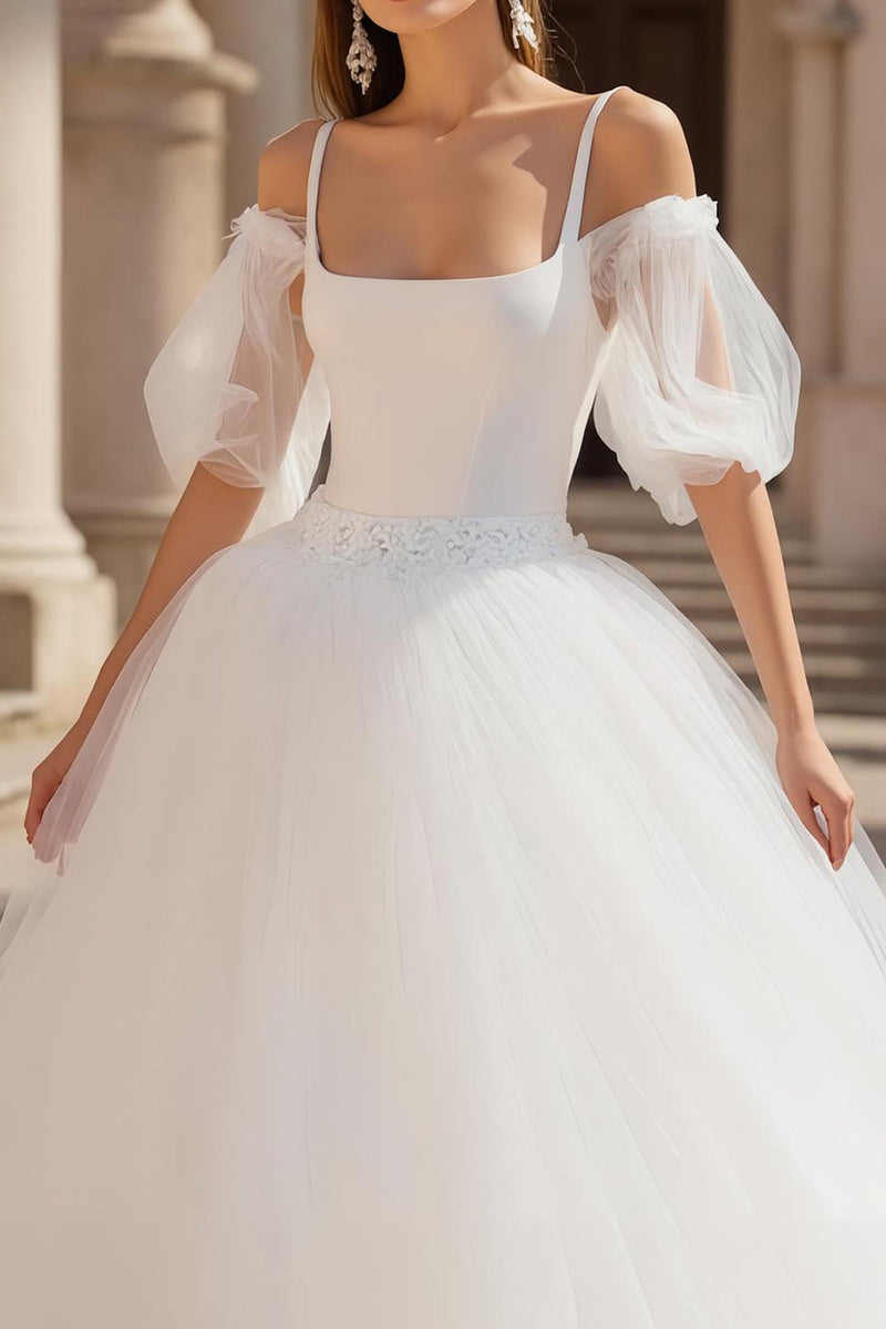 Load image into Gallery viewer, Ivory Puff Sleeves Cold Shoulder Sweep Train Wedding Dress with Lace