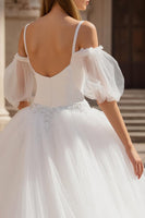 Load image into Gallery viewer, Ivory Puff Sleeves Cold Shoulder Sweep Train Wedding Dress with Lace