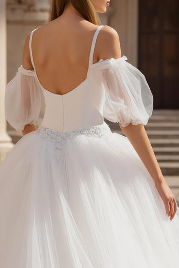 Ivory Puff Sleeves Cold Shoulder Sweep Train Wedding Dress with Lace
