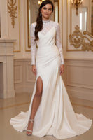 Load image into Gallery viewer, Long Sleeves High Neck Ivory Sweep Train Vintage Wedding Dress with Slit