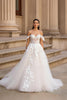 Load image into Gallery viewer, Tulle Off the Shoulder Sweep Train Ivory Wedding Dress with Lace