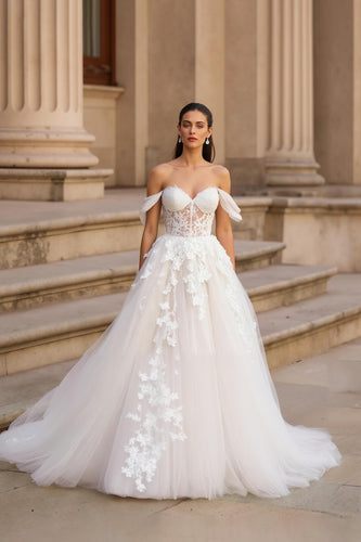 Tulle Off the Shoulder Sweep Train Ivory Wedding Dress with Lace