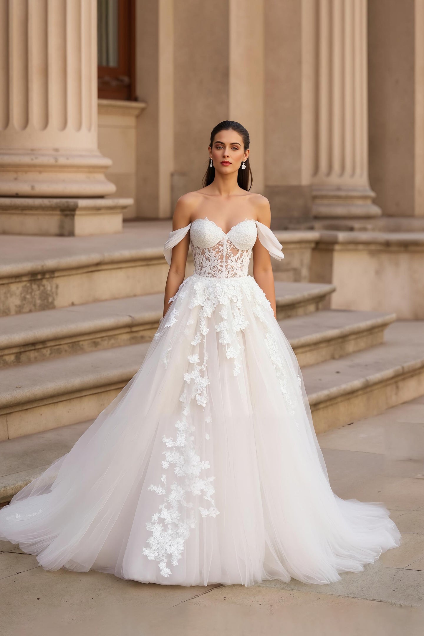 Tulle Off the Shoulder Sweep Train Ivory Wedding Dress with Lace