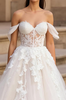 Tulle Off the Shoulder Sweep Train Ivory Wedding Dress with Lace