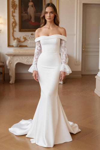 Ruffled Ivory Sweep Train Mermaid Wedding Dress with Lace