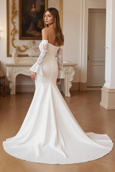 Ruffled Ivory Sweep Train Mermaid Wedding Dress with Lace