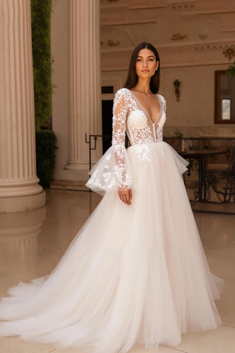 Long Sleeves Ruffled Ivory Sweep Train Wedding Dress with Slit