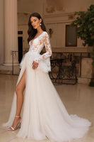 Load image into Gallery viewer, Long Sleeves Ruffled Ivory Sweep Train Wedding Dress with Slit