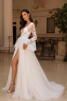 Long Sleeves Ruffled Ivory Sweep Train Wedding Dress with Slit