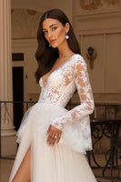 Load image into Gallery viewer, Long Sleeves Ruffled Ivory Sweep Train Wedding Dress with Slit