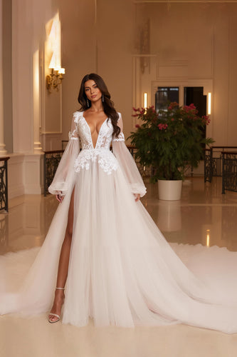 Ivory Deep V-Neck Backless Long Sleeves Wedding Dress with Lace