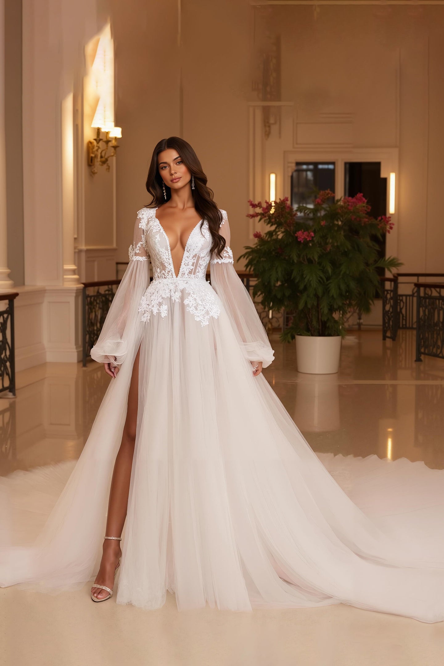 Ivory Deep V-Neck Backless Long Sleeves Wedding Dress with Lace