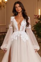 Load image into Gallery viewer, Ivory Deep V-Neck Backless Long Sleeves Wedding Dress with Lace